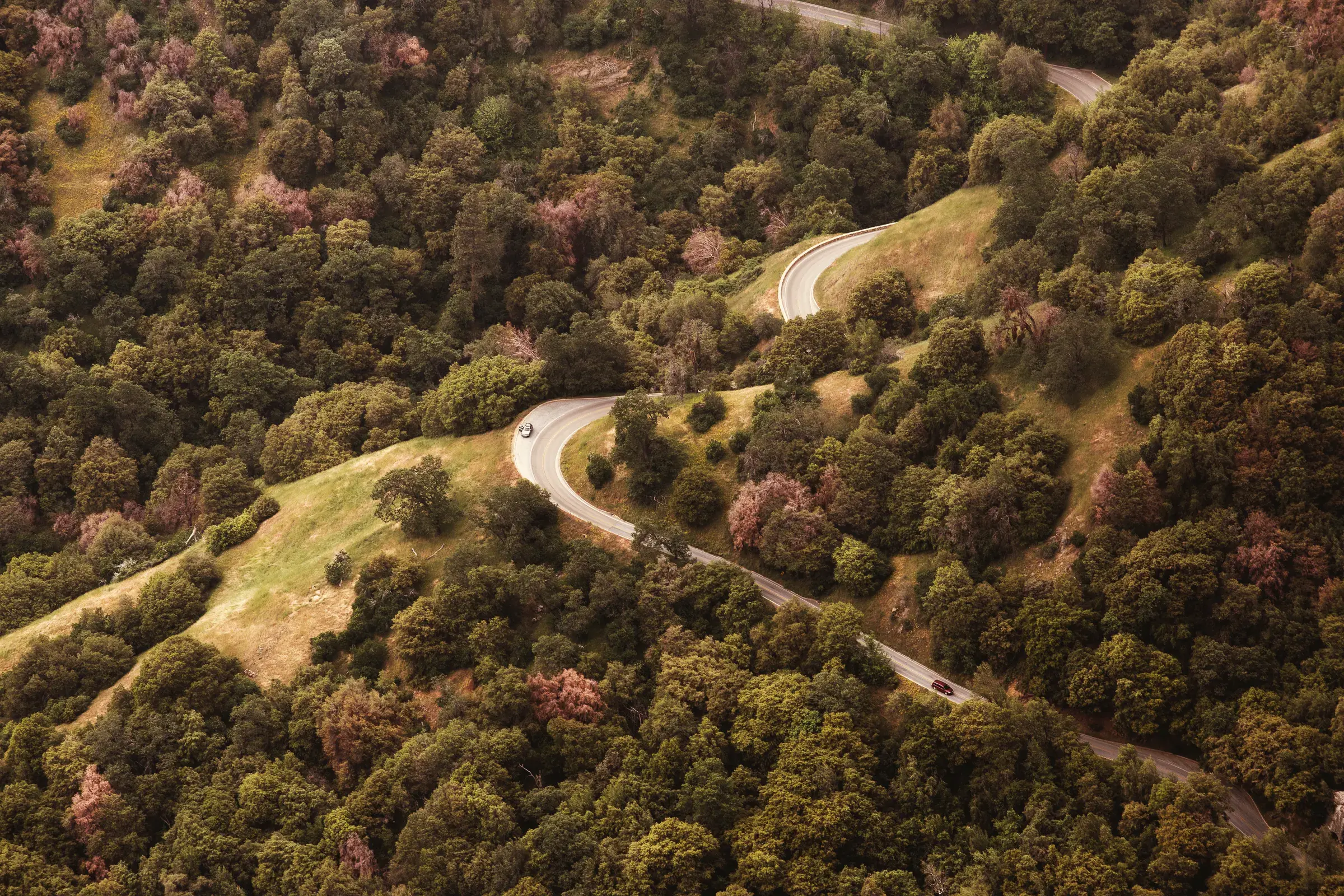 Aerial view of a car on a winding road through wooded hills