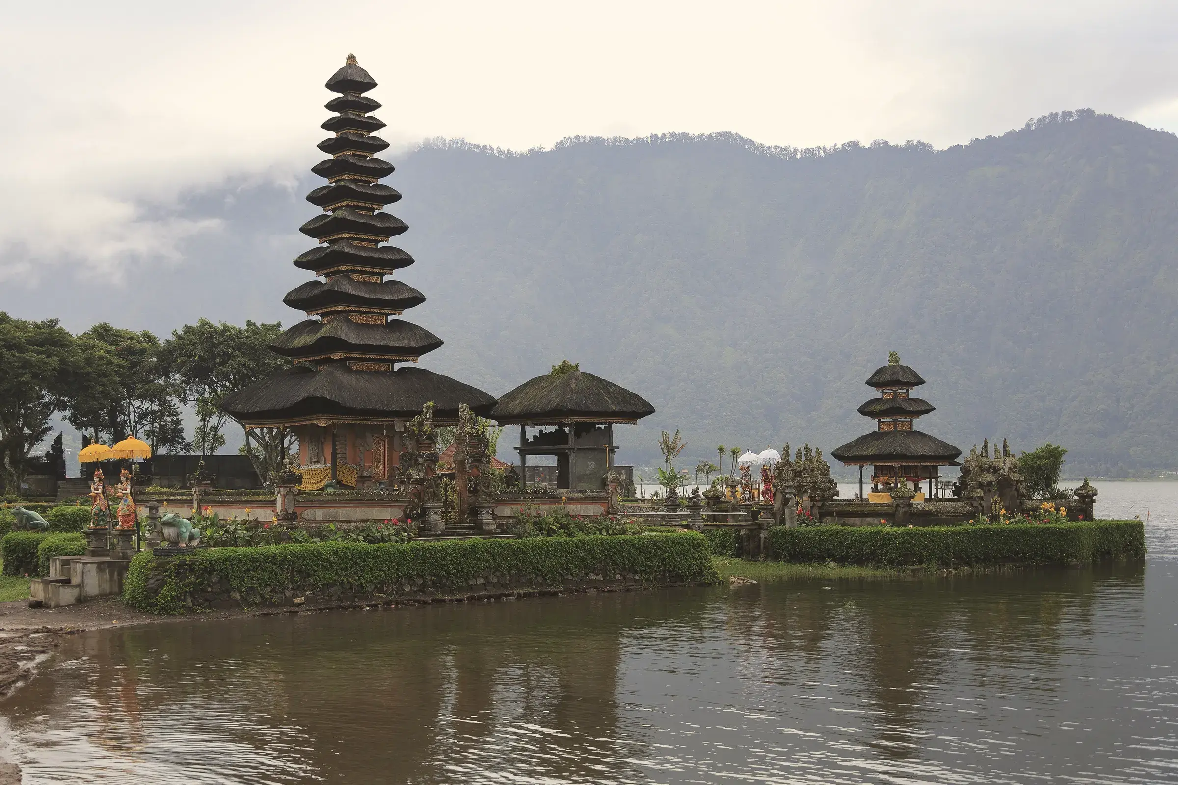 Pura Ulun Danu Beratan temple and its tiered meru shrines on Lake Beratan