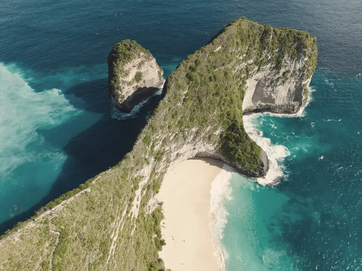 Aerial view of Kelingking Beach and its headland on Nusa Penida